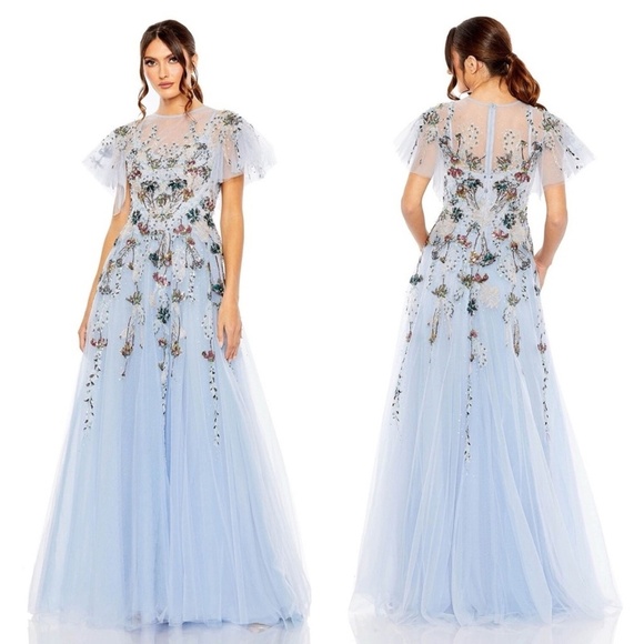 NWT Mac Duggal 20436 Embellished Multi Color Flutter Sleeve A-Line Dress Size 16 - Picture 1 of 11